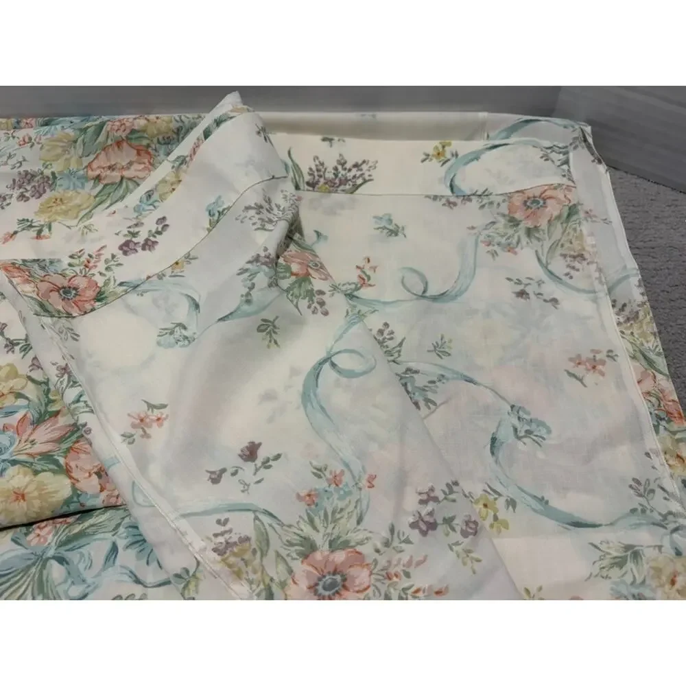 Vintage Pequot Flat Sheet Double Bed Floral Ribbon Pastel Y2K 90s USA